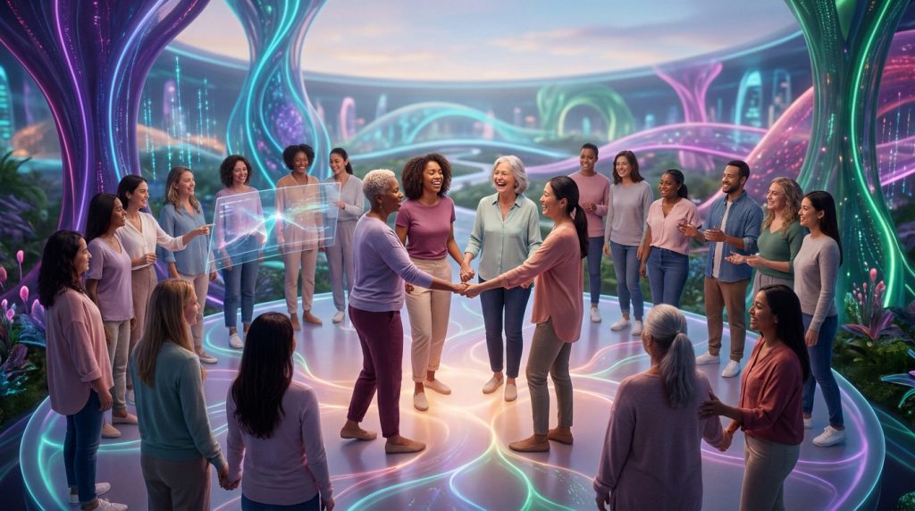 Un groupe diversifié de personnes se tient la main en cercle dans un environnement futuriste aux lumières néon.