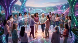 Un groupe diversifié de personnes se tient la main en cercle dans un environnement futuriste aux lumières néon.