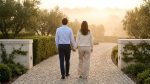 Un couple vu de dos marchant main dans la main sur un chemin pavé bordé d'arbres au coucher du soleil.
