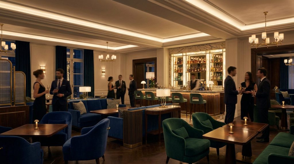 Intérieur chic d'un bar d'hôtel parisien avec des fauteuils en velours bleu et vert, un comptoir et des clients élégants.