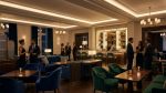 Intérieur chic d'un bar d'hôtel parisien avec des fauteuils en velours bleu et vert, un comptoir et des clients élégants.