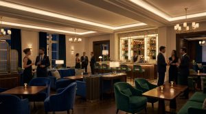 Intérieur chic d'un bar d'hôtel parisien avec des fauteuils en velours bleu et vert, un comptoir et des clients élégants.