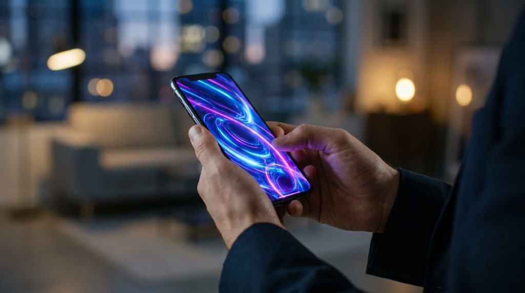 Mains tenant un smartphone affichant des courbes lumineuses néon dans un salon feutré.